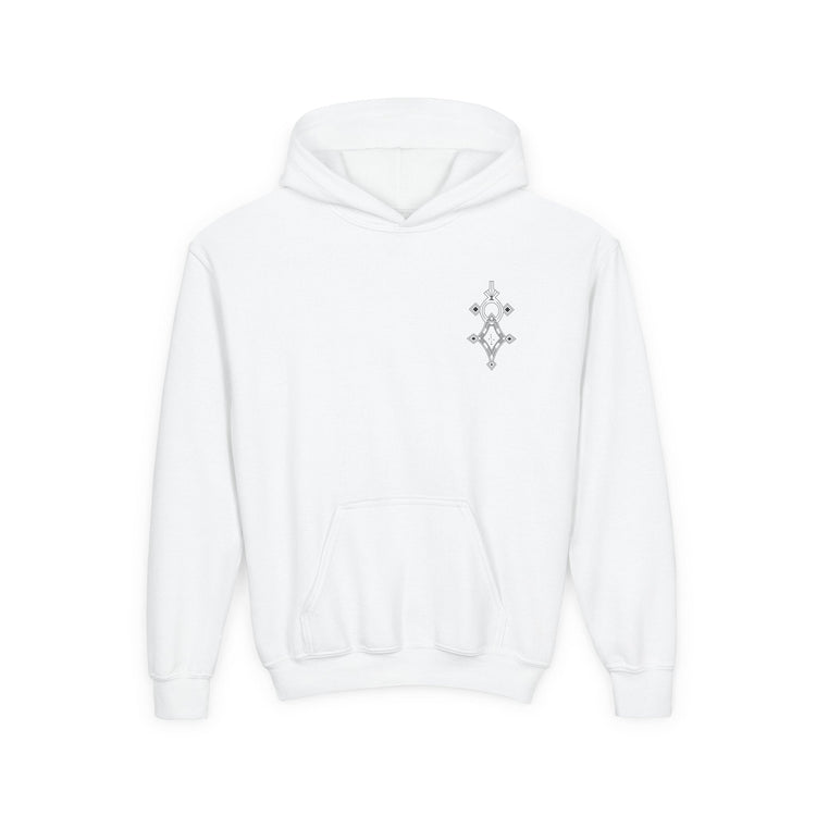 Girls heavy blend hooded sweatshirt in white with front kangaroo pocket and embroidery design on chest