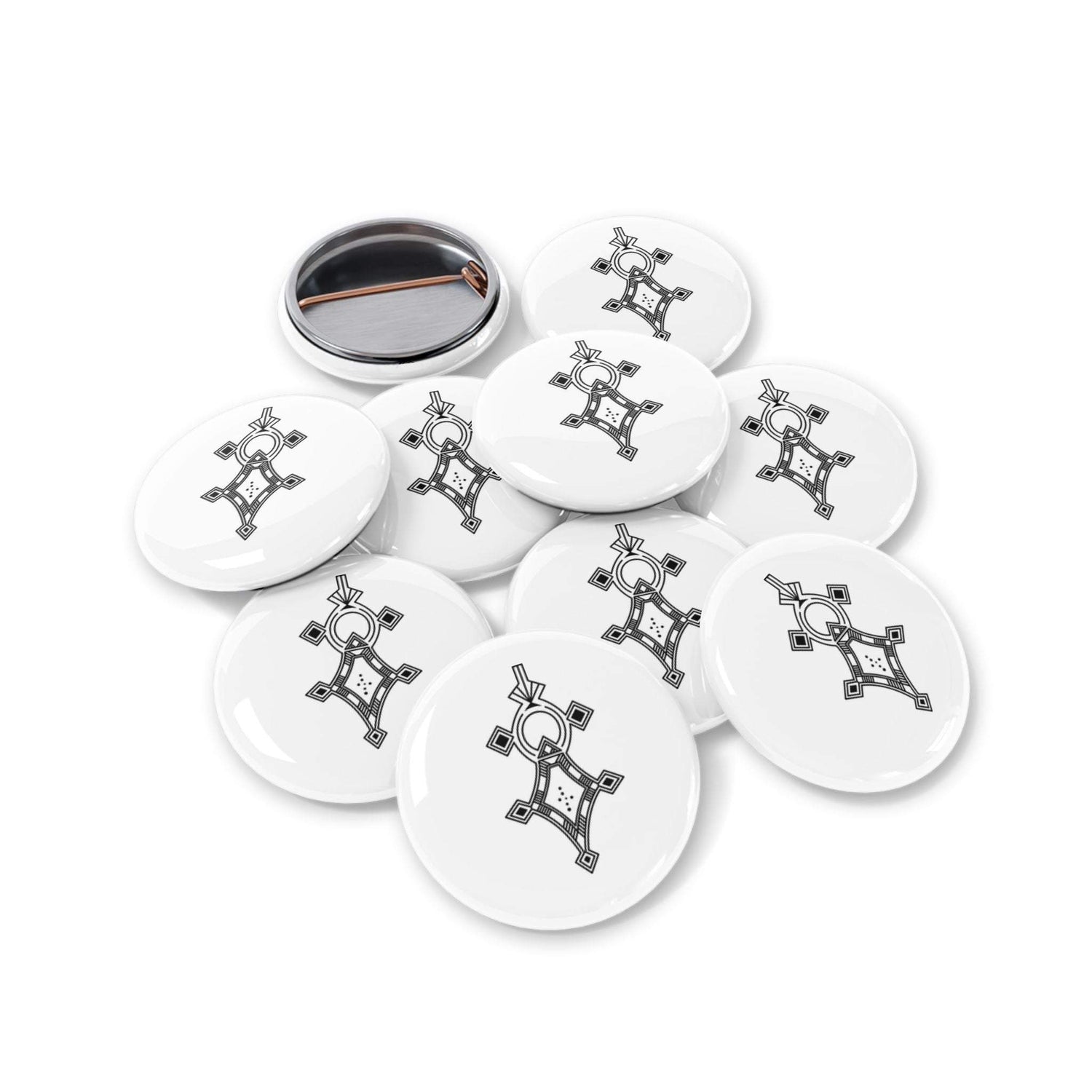 Round pins with steel inner shell, magnetic metal backing, glossy scratch-resistant mylar/UV cover, available in multiple sizes