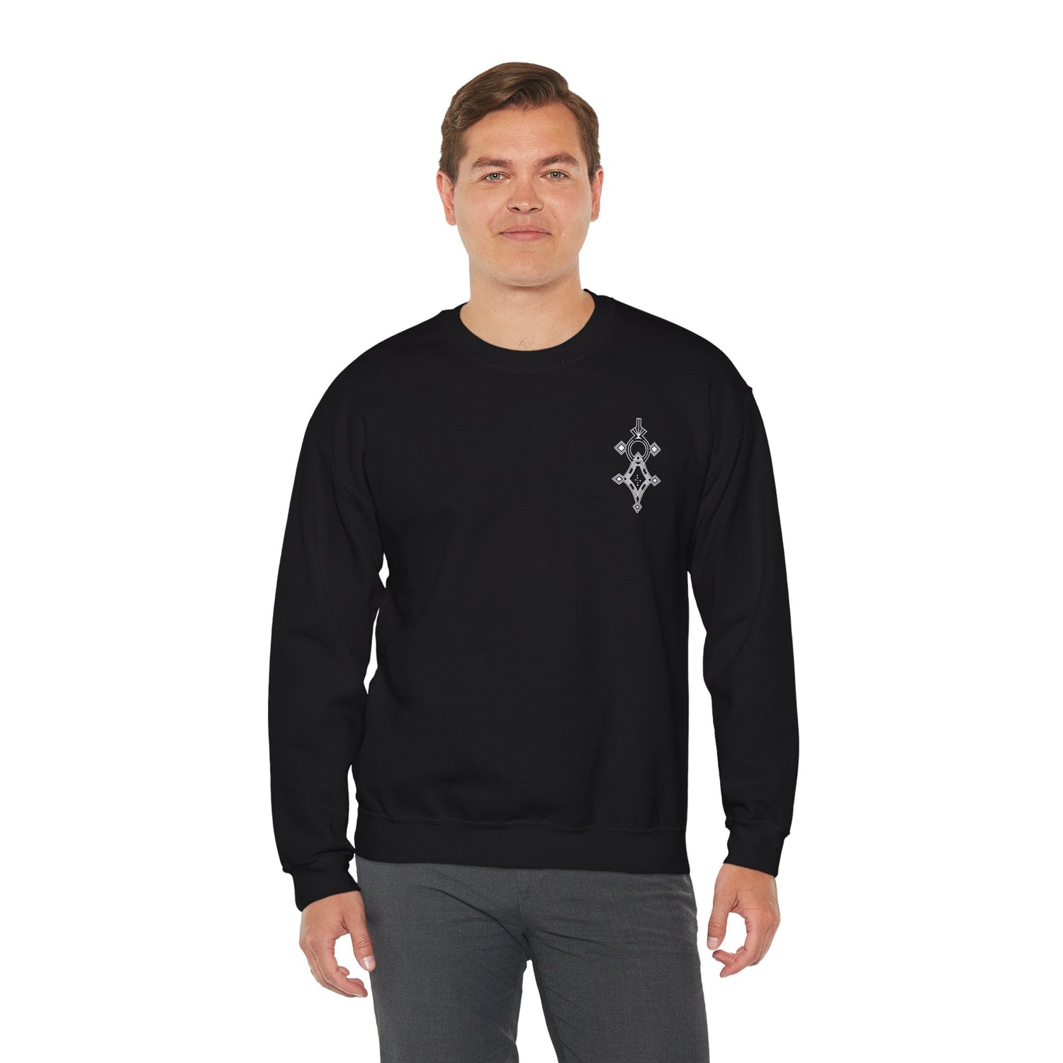 Men wearing black Heavy Blend™ Crewneck Sweatshirt with small chest embroidery, casual fit