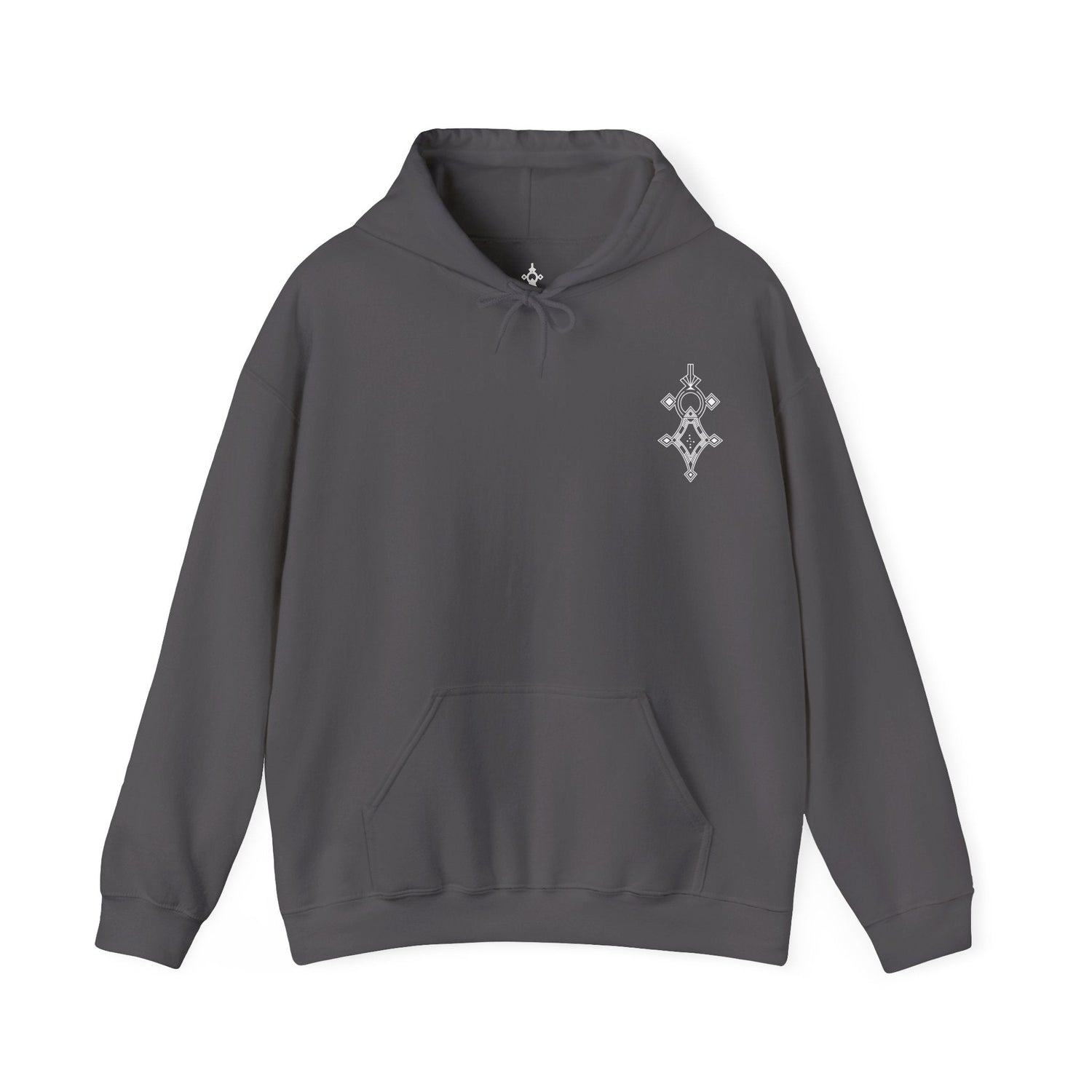 Women’s Heavy Blend™ Hooded Sweatshirt in dark gray with front kangaroo pocket and embroidered design