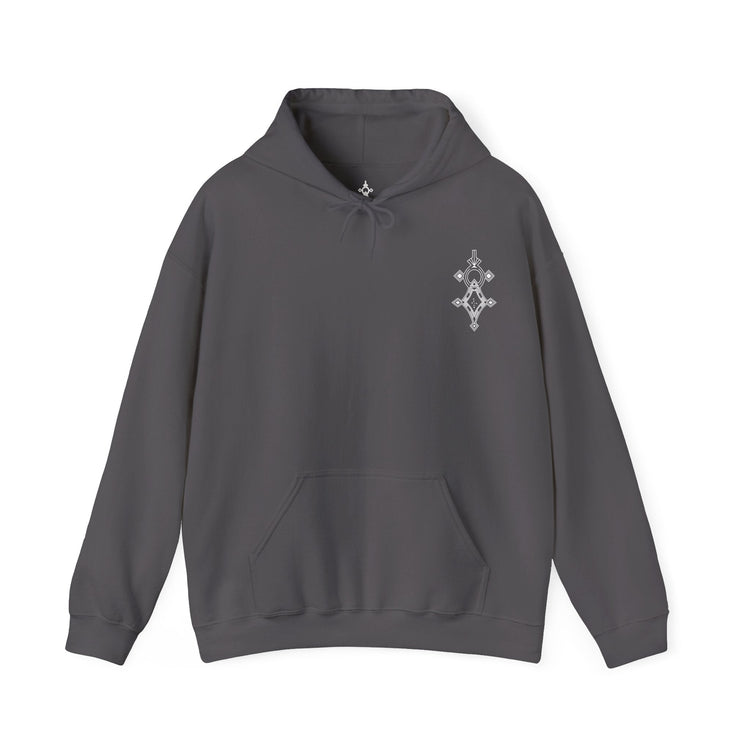 Women’s Heavy Blend™ Hooded Sweatshirt in dark gray with front kangaroo pocket and embroidered design