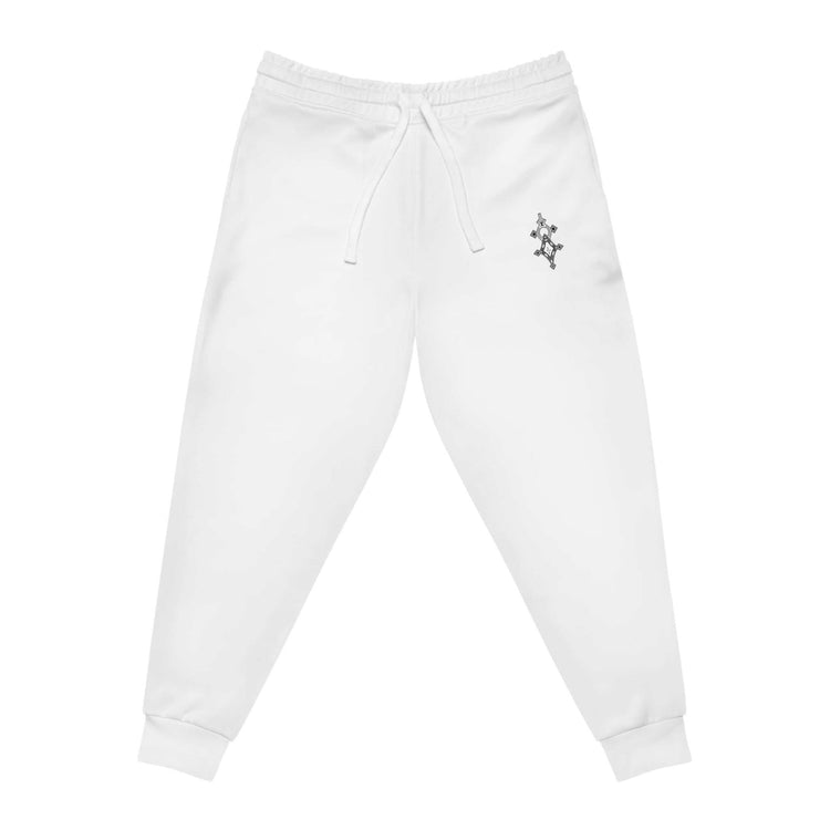 White men athletic joggers with elastic waistband and ankle cuffs, featuring a small black logo and white drawstring.