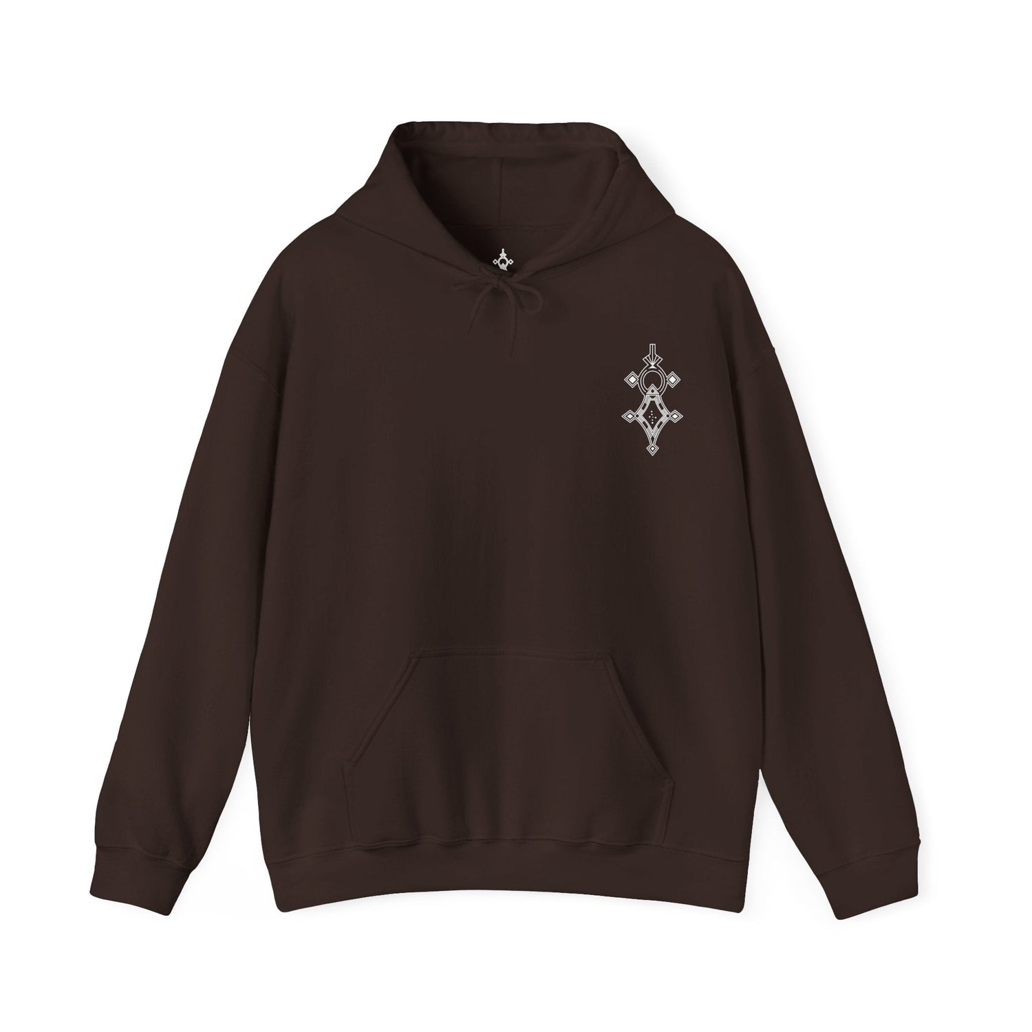 Women’s Heavy Blend™ hooded sweatshirt in dark brown with front kangaroo pocket and embroidered chest design