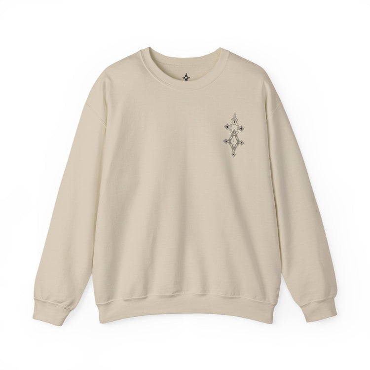 Women Heavy Blend™ Crewneck Sweatshirt in beige with ribbed collar and embroidered design on chest, made from cotton-polyester blend for comfort and durability