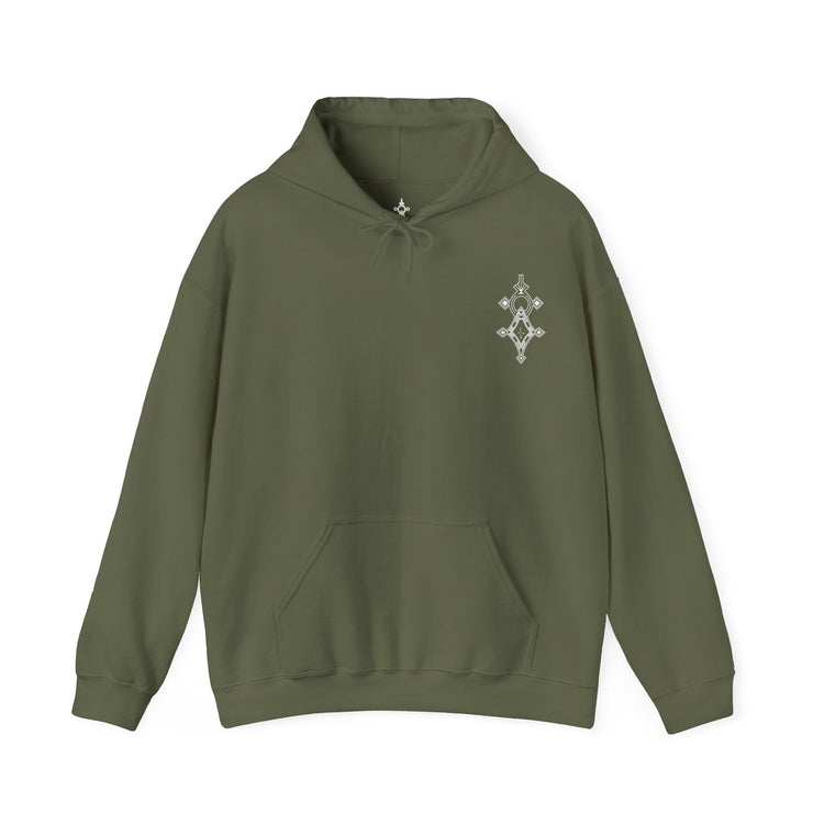 olive green men heavy blend hooded sweatshirt with front kangaroo pocket and small chest embroidery design