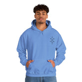 Men wearing light blue heavy blend hooded sweatshirt with front pocket and small chest embroidery