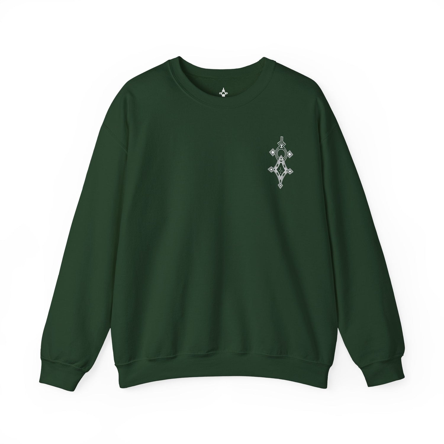 women heavy blend™ crewneck sweatshirt dark green with embroidered design, cotton-polyester blend, ribbed collar and cuffs, durable stitching