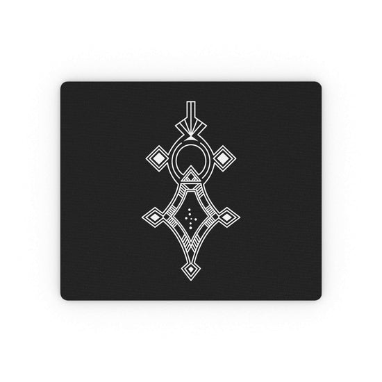 Rectangular mouse pad with black surface and white geometric design, non-slip rubber backing and durable cloth top.