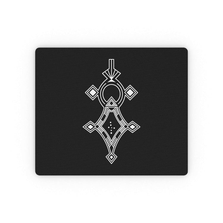 Rectangular mouse pad with black surface and white geometric design, non-slip rubber backing and durable cloth top.
