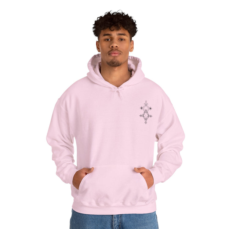 Men wearing pink heavy blend hooded sweatshirt with front pocket and small chest embroidery