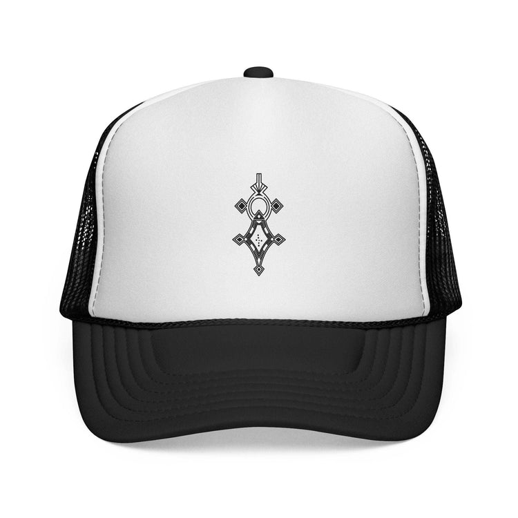 Black and white trucker cap with mesh back and adjustable snap closure featuring a simple geometric design on the front panel