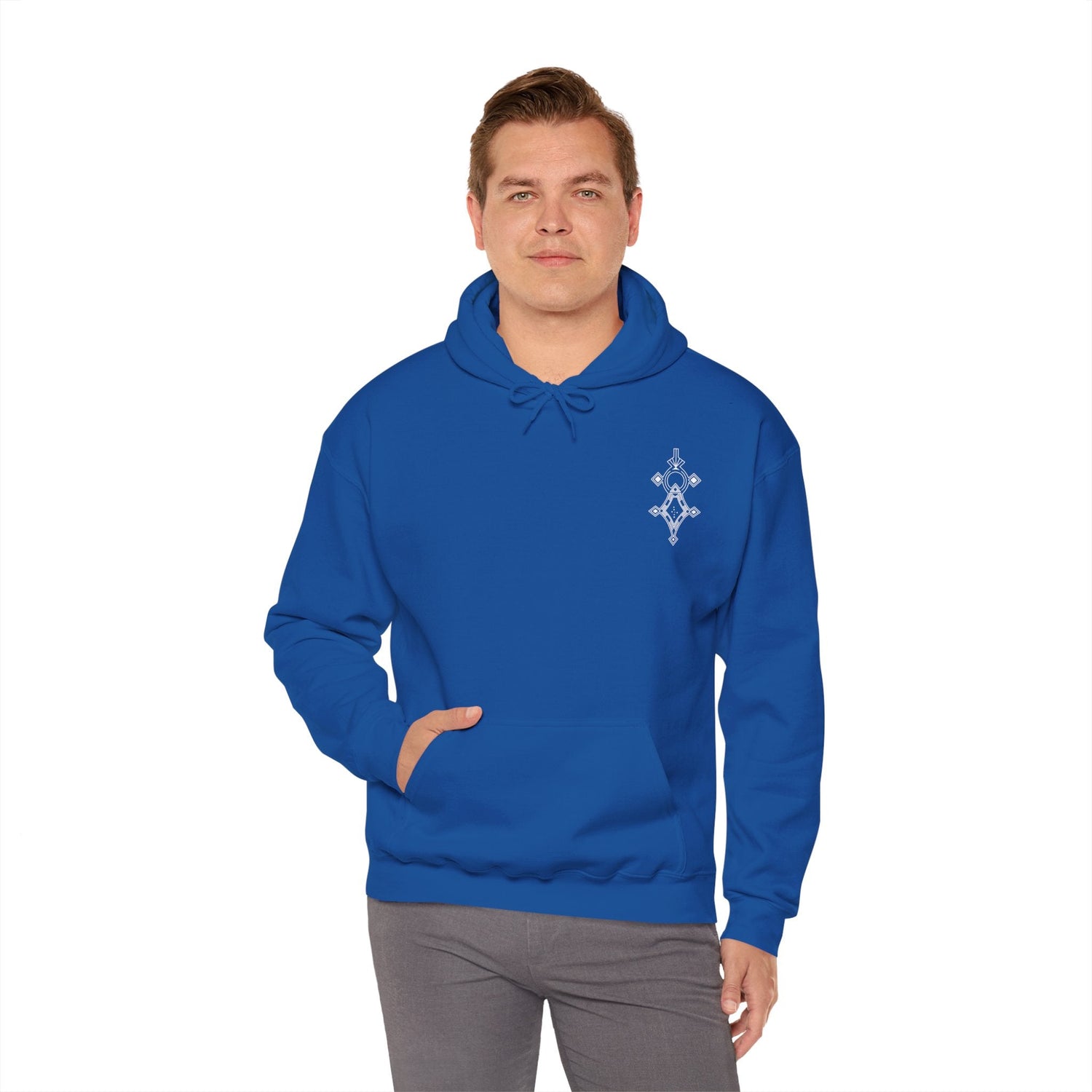 Men wearing blue Heavy Blend Hooded Sweatshirt with front pocket and drawstring hood