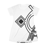 White T-shirt dress with black geometric print, tagless, lightweight polyester fabric, casual style