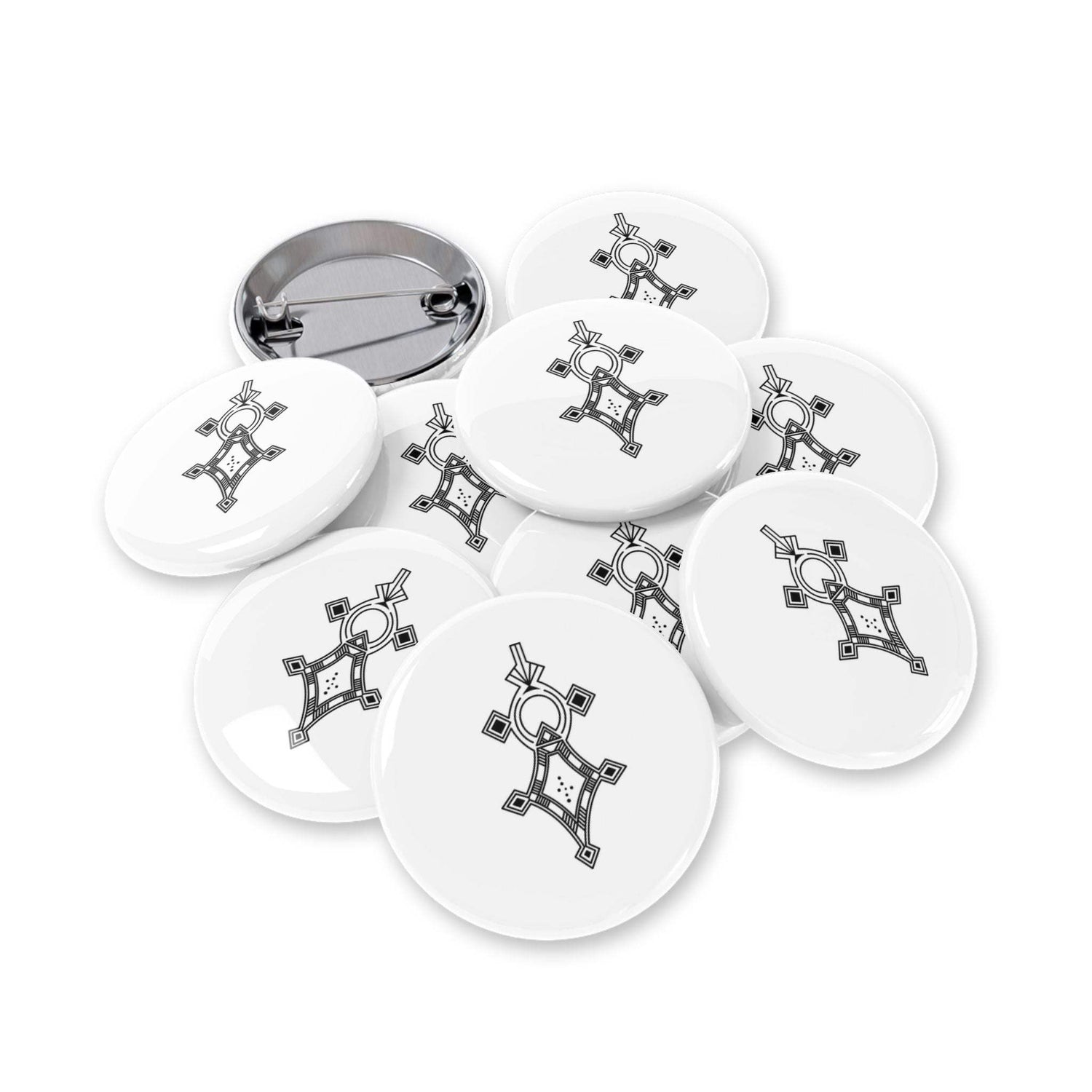 Round pins with steel shell, magnetic backing, and scratch-resistant glossy finish displaying black geometric design