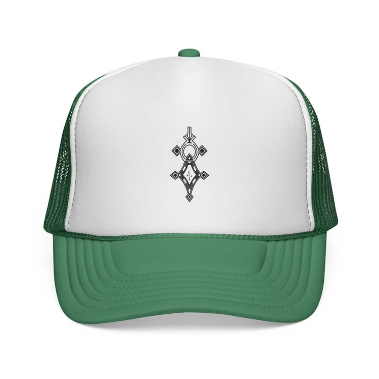 Green and white trucker cap with mesh back and adjustable snap closure, featuring stitched visor and simple logo design