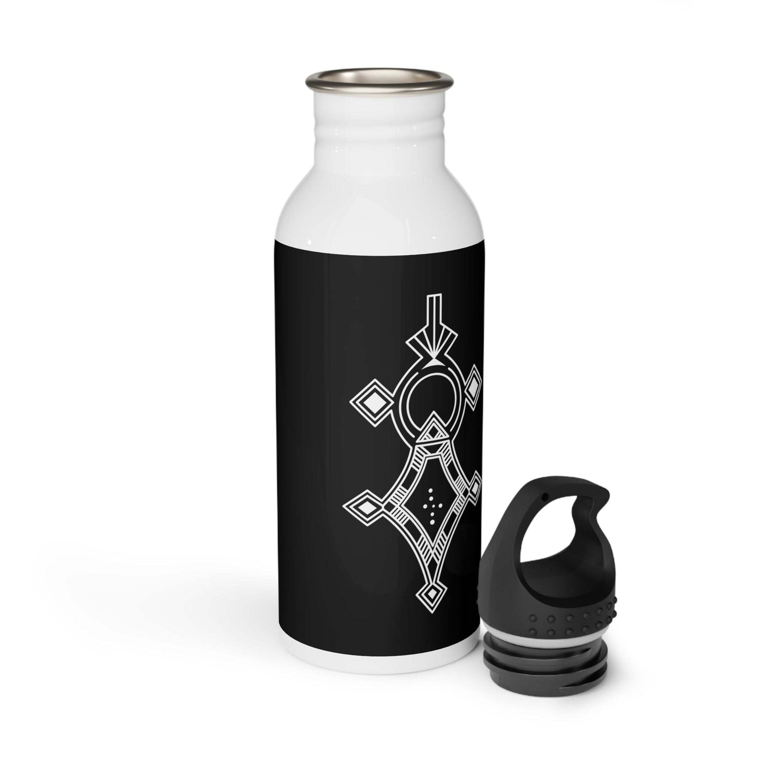 20oz stainless steel water bottle with black geometric design and wide-neck black cap
