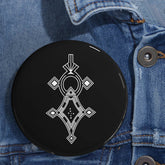 Round pin with geometric design on denim jacket, steel shell, magnetic backing, glossy UV-protected finish