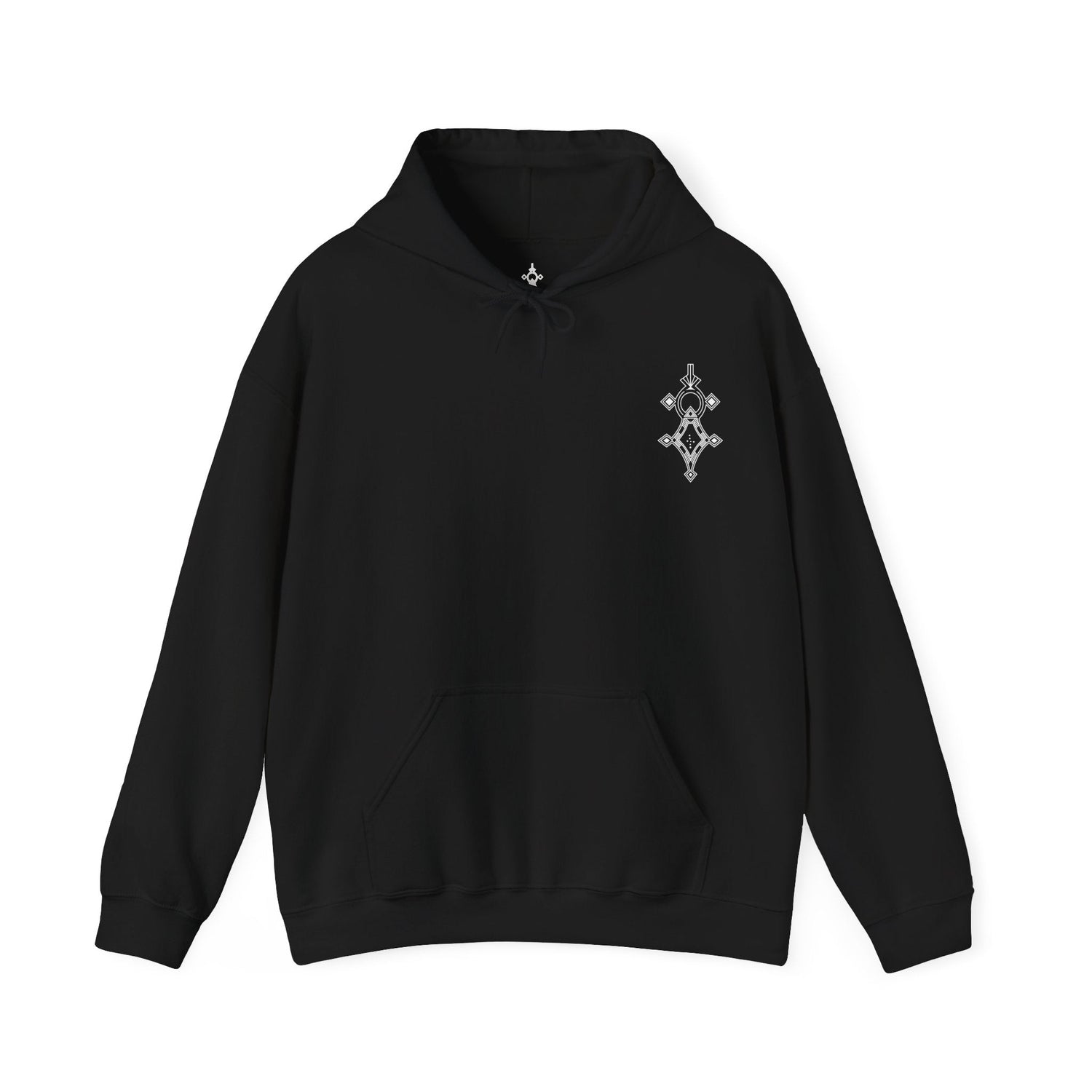 Black men’s Heavy Blend hooded sweatshirt with front kangaroo pocket and small chest embroidery design