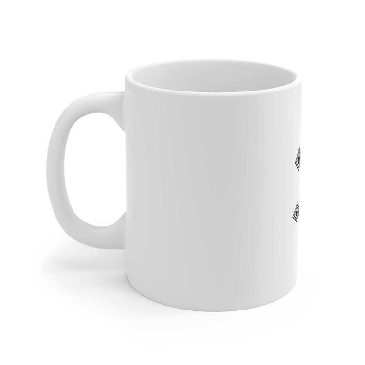 White ceramic mug with C-shaped handle and scratch-resistant finish, available in 11oz, 15oz, and 20oz sizes.