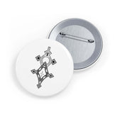 Round pins with steel shell, magnetic backing, glossy scratch-resistant finish, and abstract black design