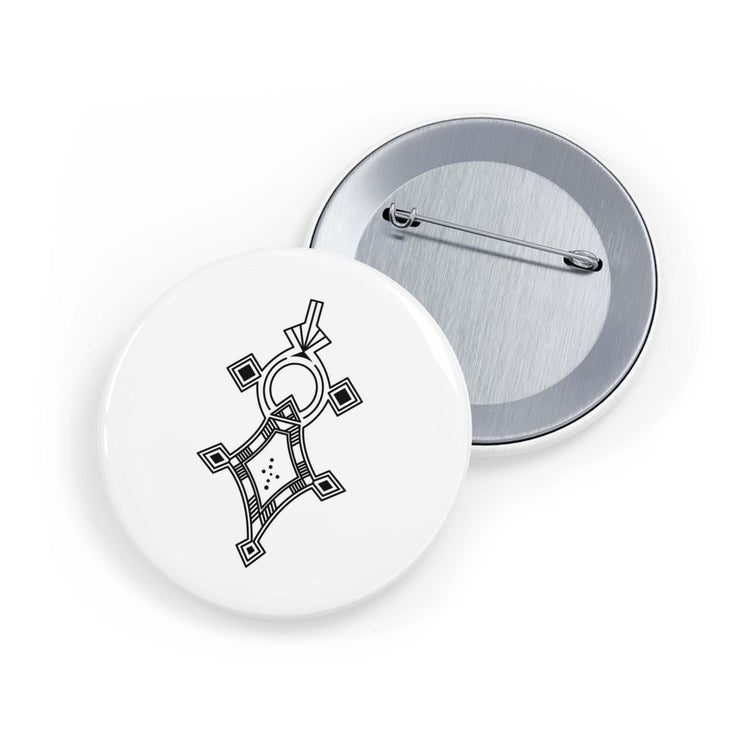 Round pins with steel shell, magnetic backing, glossy scratch-resistant finish, and abstract black design