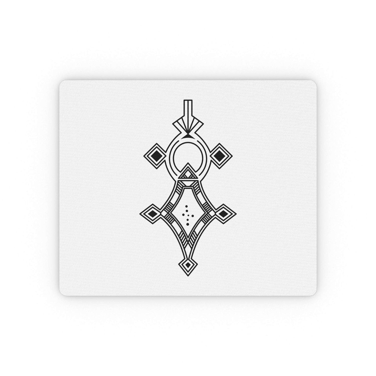 Rectangular mouse pad with custom black geometric design on white cloth surface and non-slip rubber backing