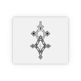 Rectangular mouse pad with custom black geometric design on white cloth surface and non-slip rubber backing