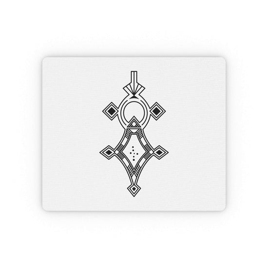 Rectangular mouse pad with custom black geometric design on white cloth surface and non-slip rubber backing