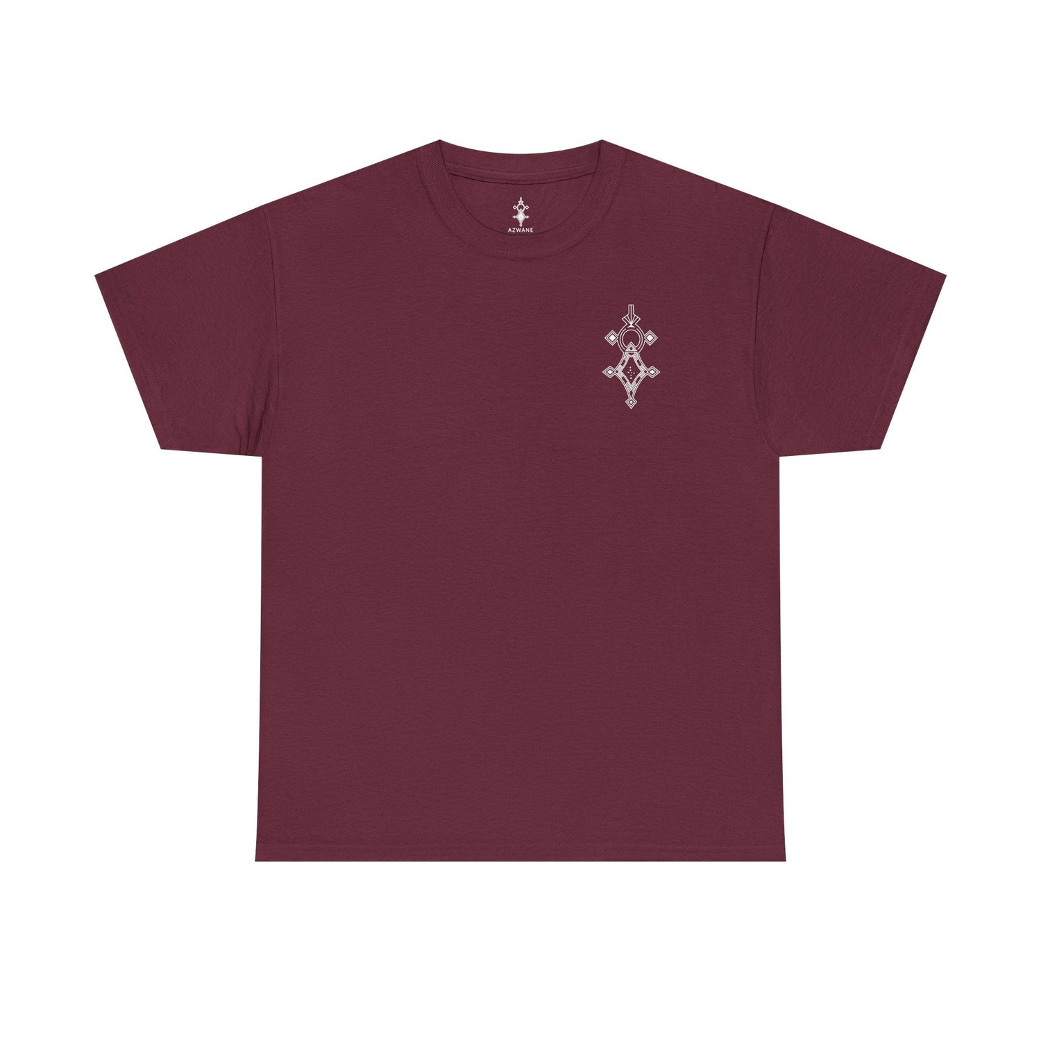 maroon men heavy cotton tee with small geometric chest design and crew neckline