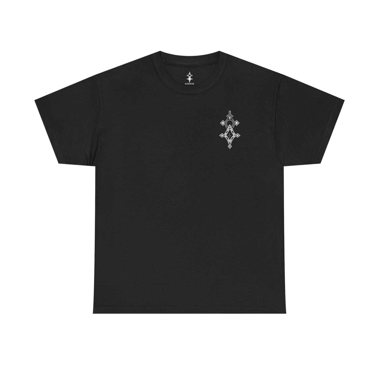 black heavy cotton tee with small front design, classic fit, crew neck, durable and comfortable