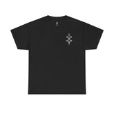 black heavy cotton tee with small front design, classic fit, crew neck, durable and comfortable
