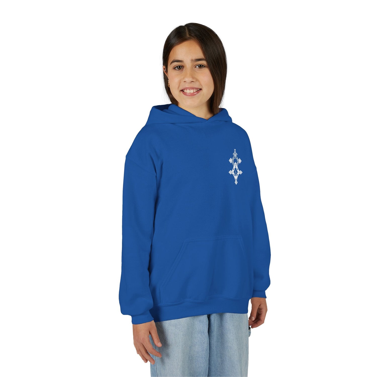 Girls heavy blend hooded sweatshirt in blue with front pocket and embroidery, worn by smiling girl