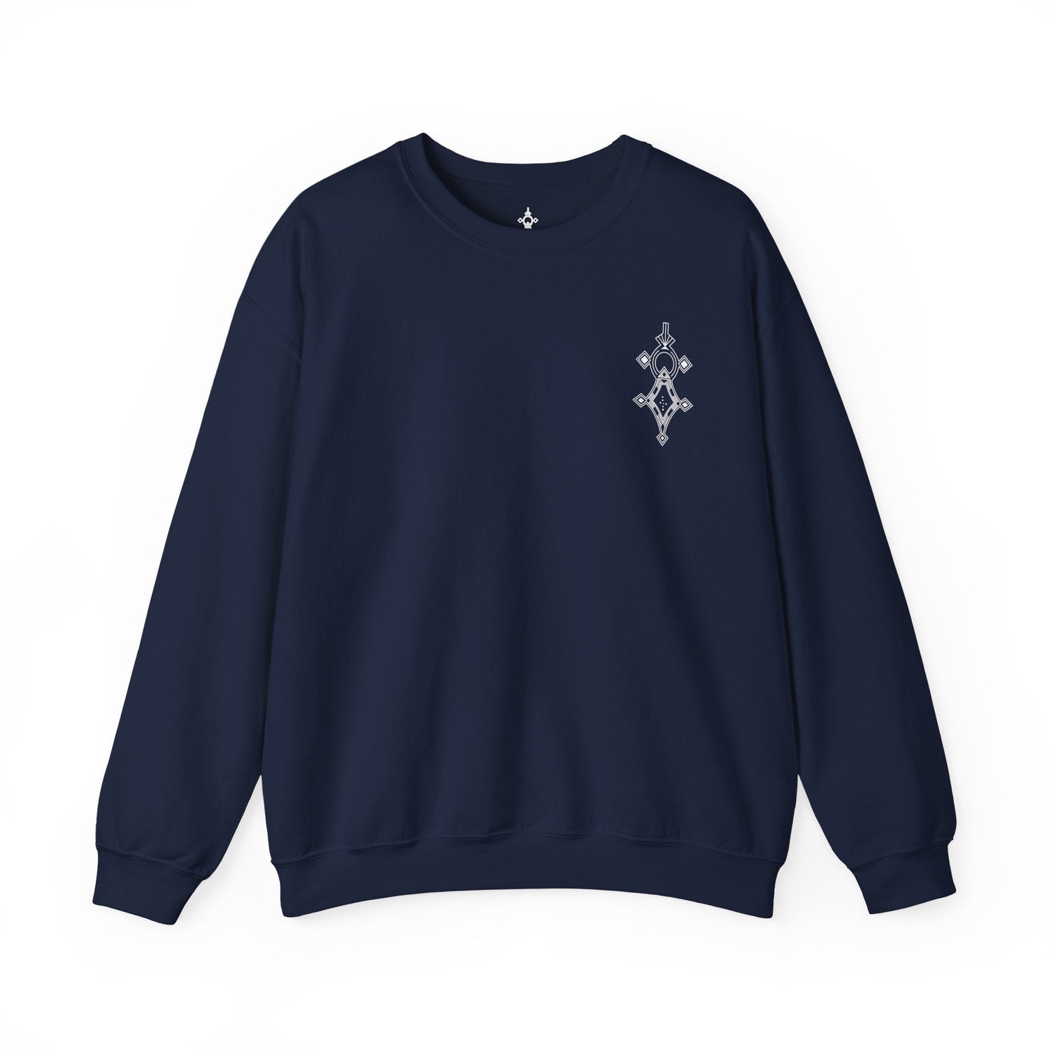 Women’s navy Heavy Blend™ Crewneck Sweatshirt with embroidery, soft cotton-polyester blend, durable ribbed collar, and classic fit.