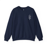 Women’s navy Heavy Blend™ Crewneck Sweatshirt with embroidery, soft cotton-polyester blend, durable ribbed collar, and classic fit.