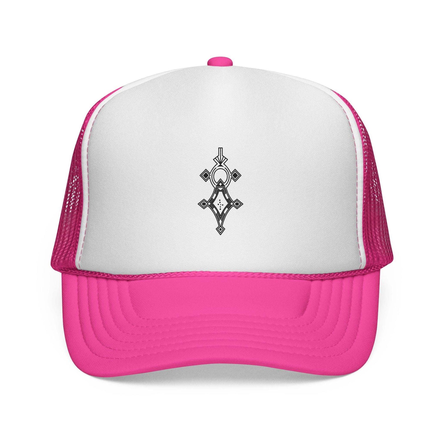Pink and white trucker cap with adjustable snap closure and embroidered front design