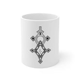 White ceramic mug with black geometric design and easy-grip handle, available in multiple sizes