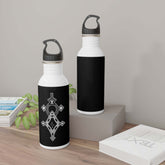 20oz stainless steel water bottle with black cap and geometric design, wide neck for easy sipping