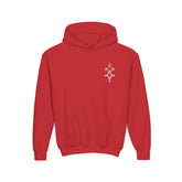 Girls heavy blend hooded sweatshirt in red with front kangaroo pocket and embroidered chest design