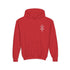Girls heavy blend hooded sweatshirt in red with front kangaroo pocket and embroidered chest design