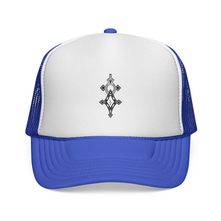 Blue and white trucker cap with black geometric design and mesh back