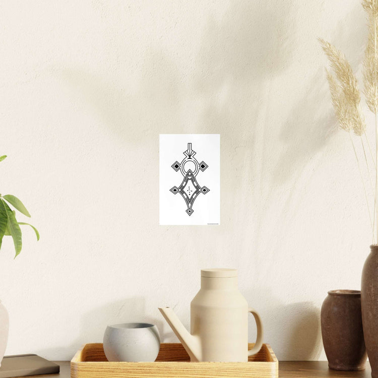 Photo art paper poster with black geometric design on premium satin finish paper in minimalist room setting