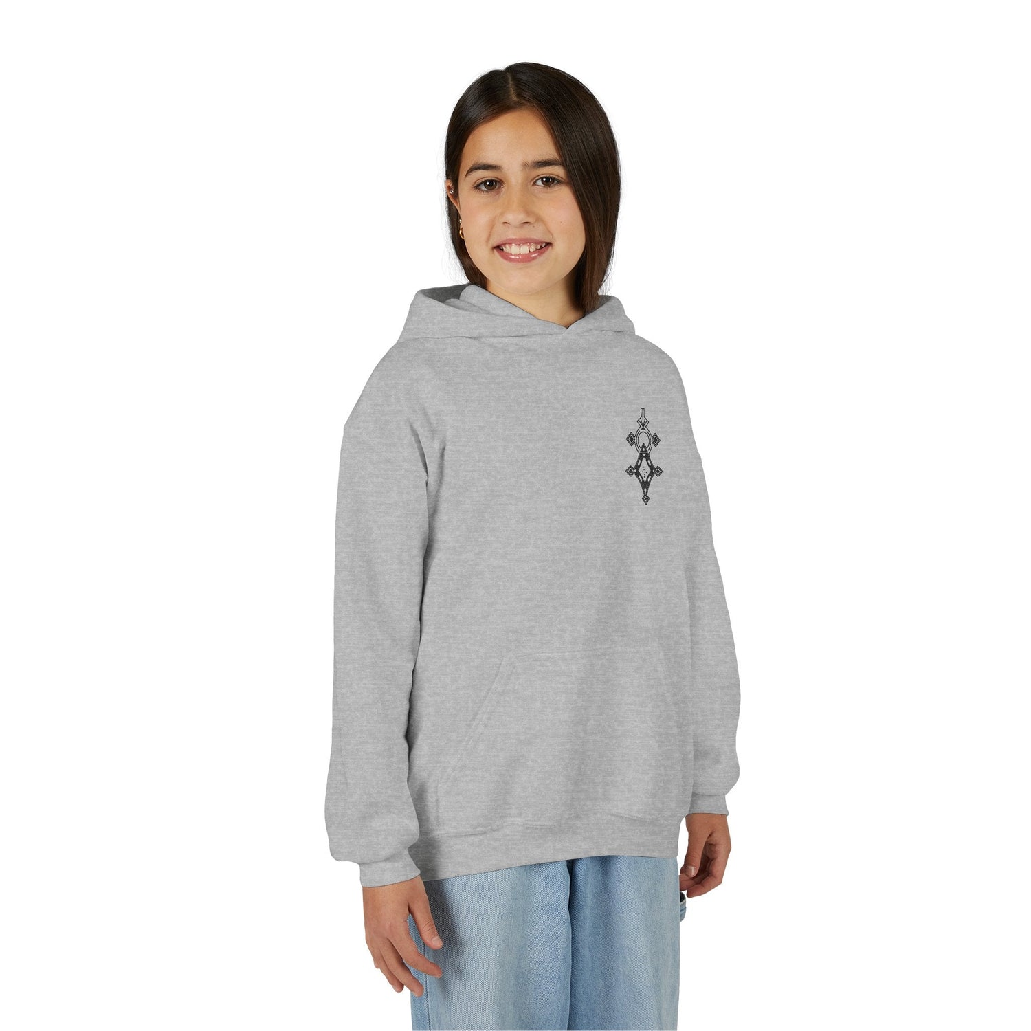 Girl wearing grey heavy blend hooded sweatshirt with kangaroo pocket and embroidery on chest