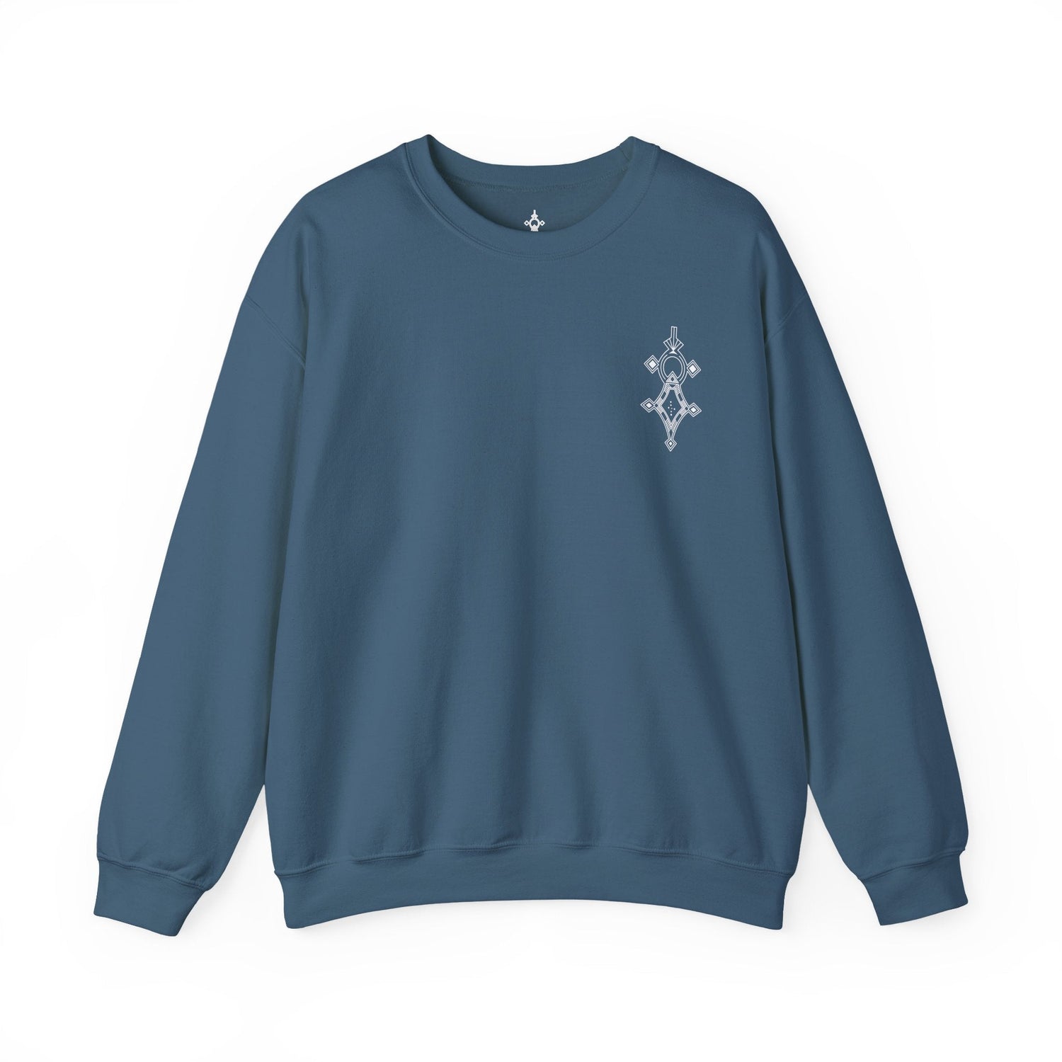 Women’s Heavy Blend™ Crewneck Sweatshirt in blue with durable, soft cotton-polyester blend and subtle embroidered design