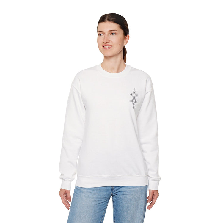 Women Heavy Blend™ crewneck sweatshirt in white with ribbed collar, durable stitching, and soft cotton-polyester blend modeled by woman