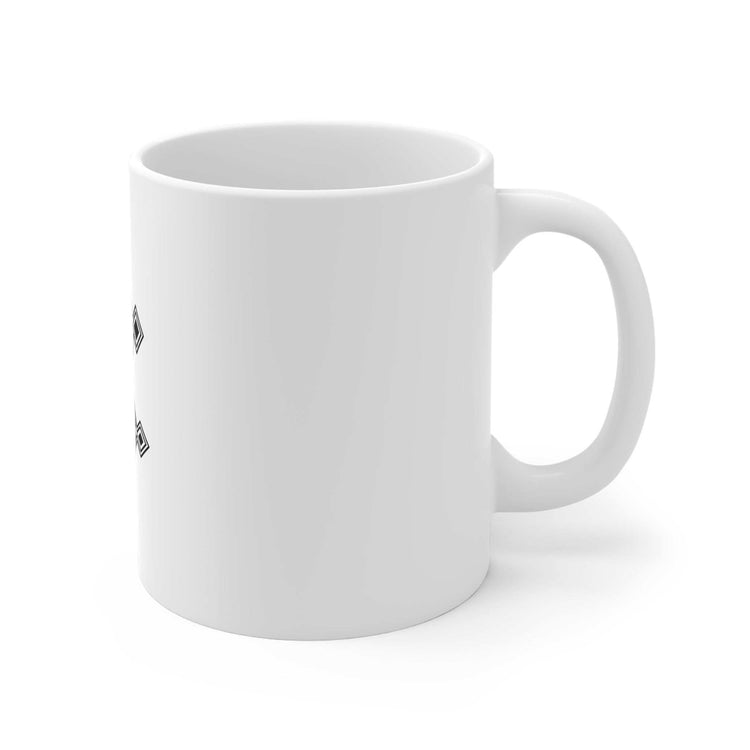 White ceramic mug with easy-grip handle, available in 11oz, 15oz, and 20oz sizes, featuring a scratch-resistant finish for personalized designs