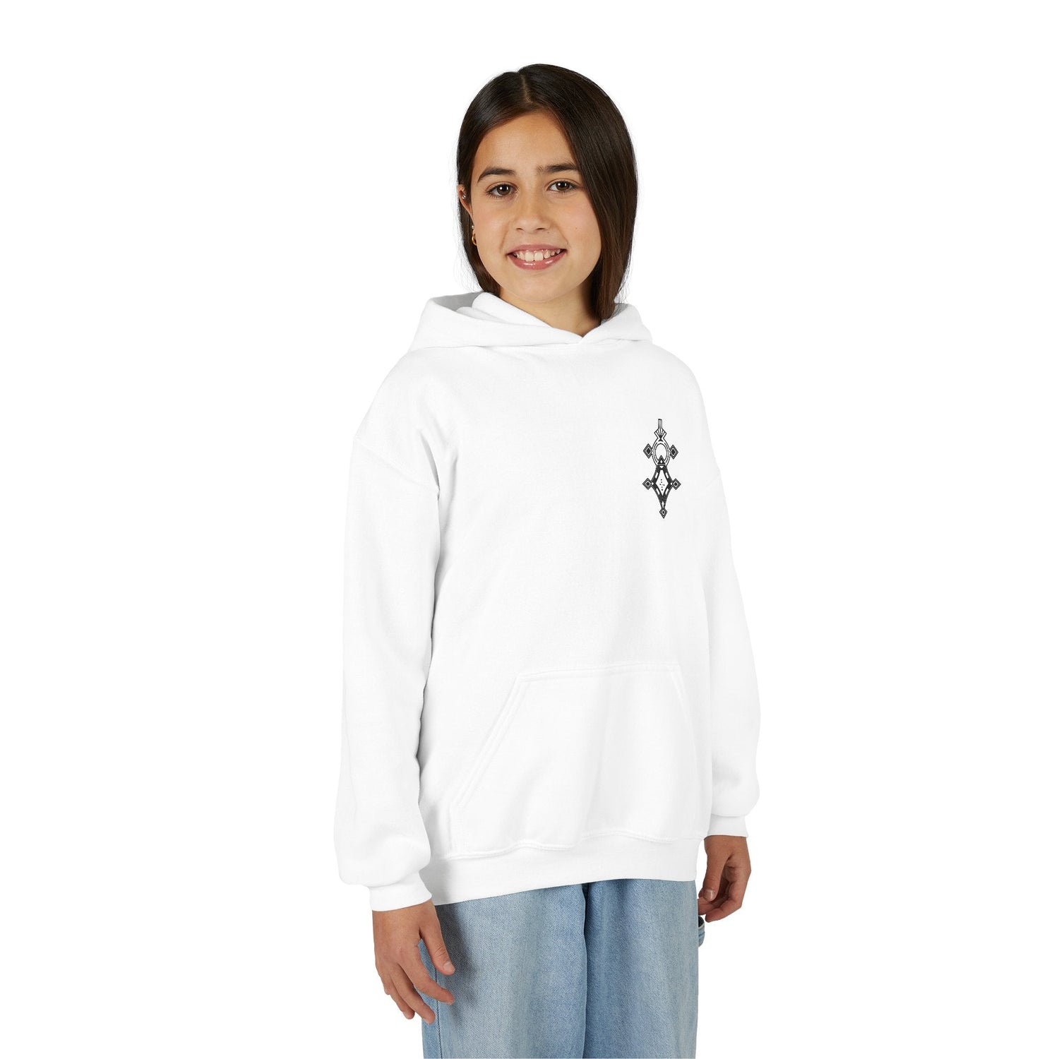 Girl wearing white heavy blend hooded sweatshirt with kangaroo pocket and embroidered chest design