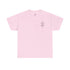 Light pink men’s heavy cotton tee with embroidered chest design and classic crew neckline