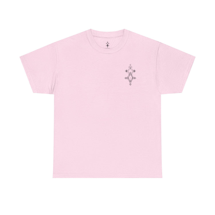 Light pink men’s heavy cotton tee with embroidered chest design and classic crew neckline
