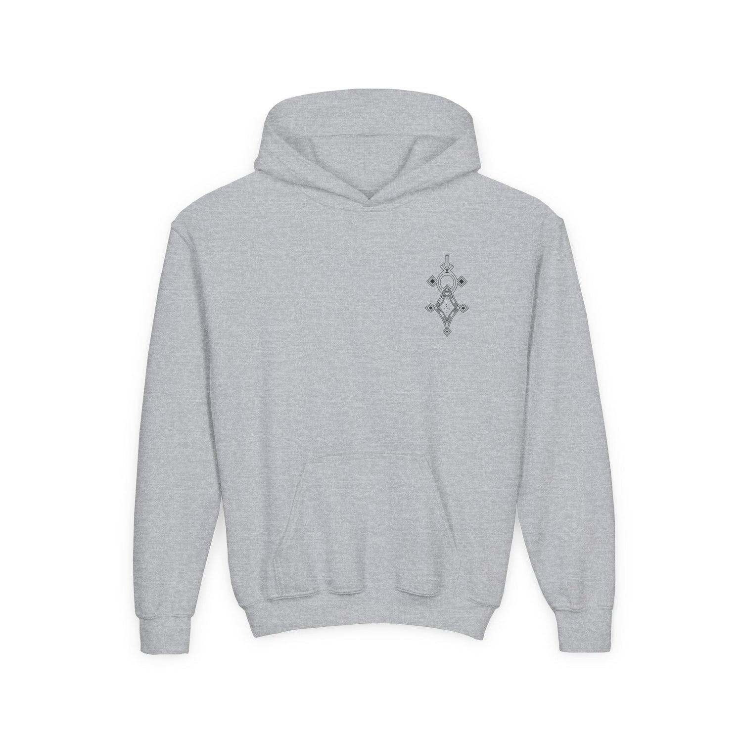 Girls heavy blend hooded sweatshirt in grey with kangaroo pocket and embroidered chest design