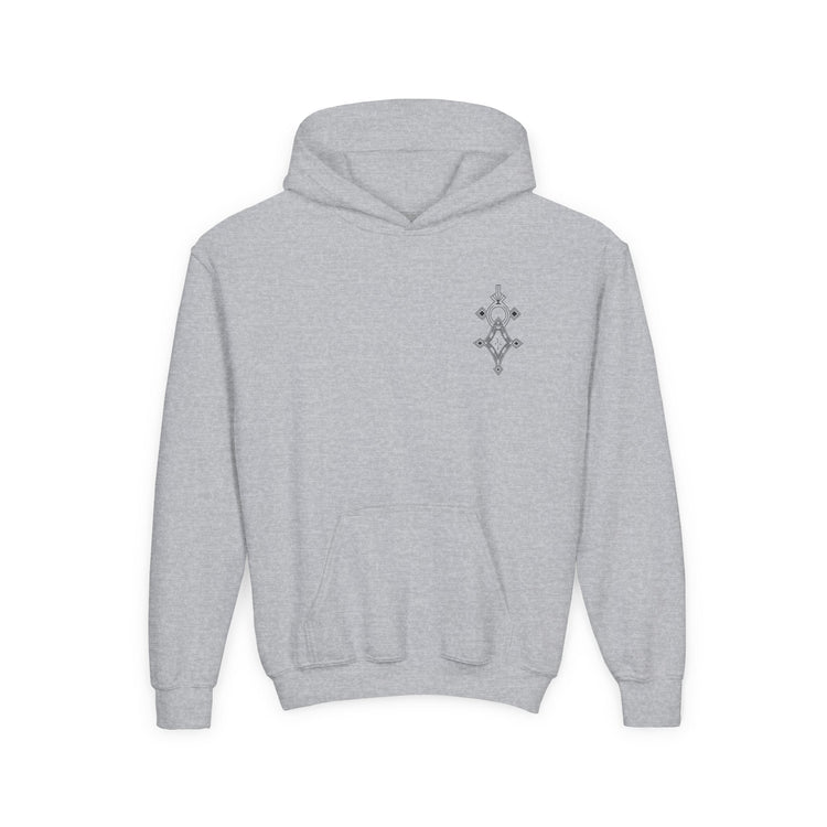 Girls heavy blend hooded sweatshirt in grey with kangaroo pocket and embroidered chest design